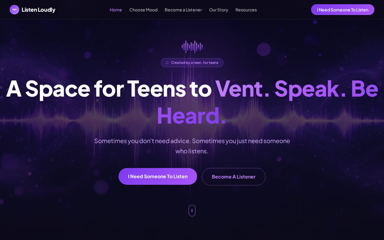 Listen Loudly website homepage: “A Space for Teens to Vent. Speak. Be Heard.”