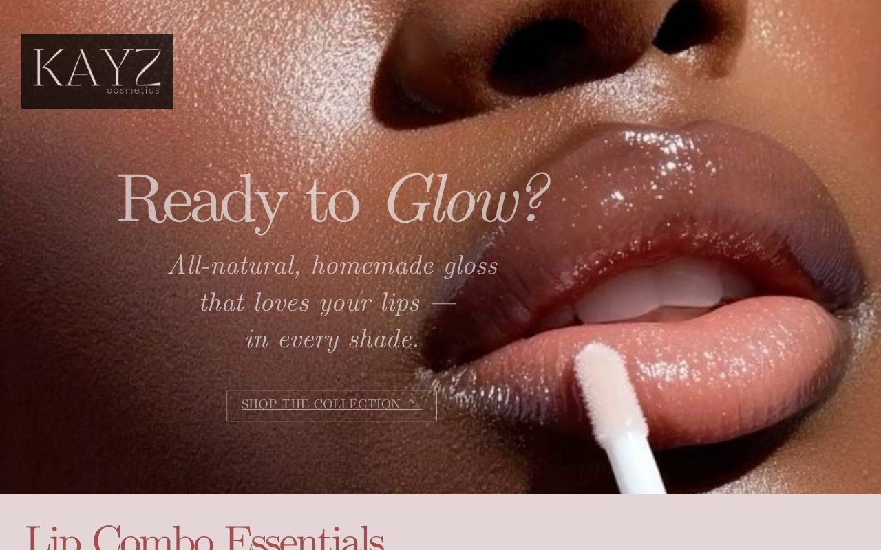 Kayz Cosmetics website homepage: “Ready to Glow?”