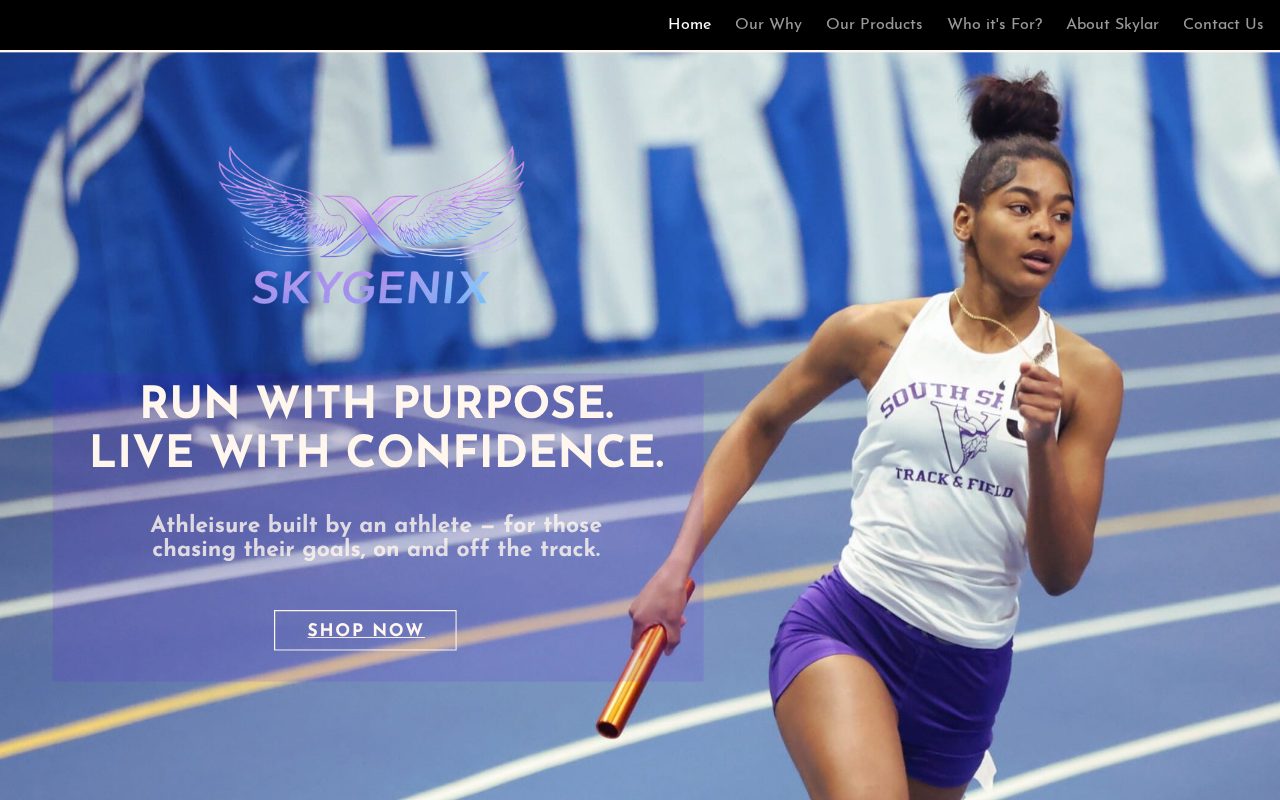 Skygenix website homepage: “Run with purpose. Live with confidence.”