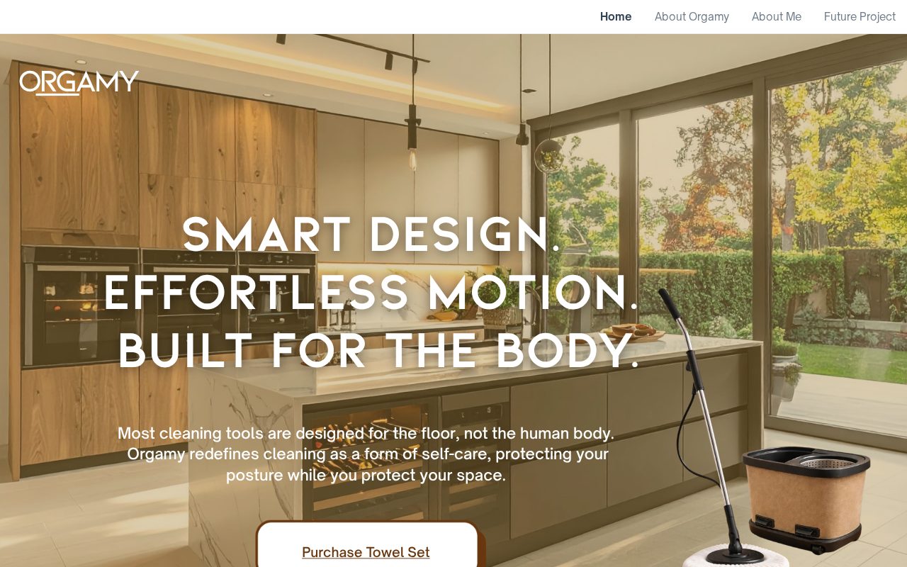 Orgamy website homepage: “Smart design. Effortless motion. Built for the body.”